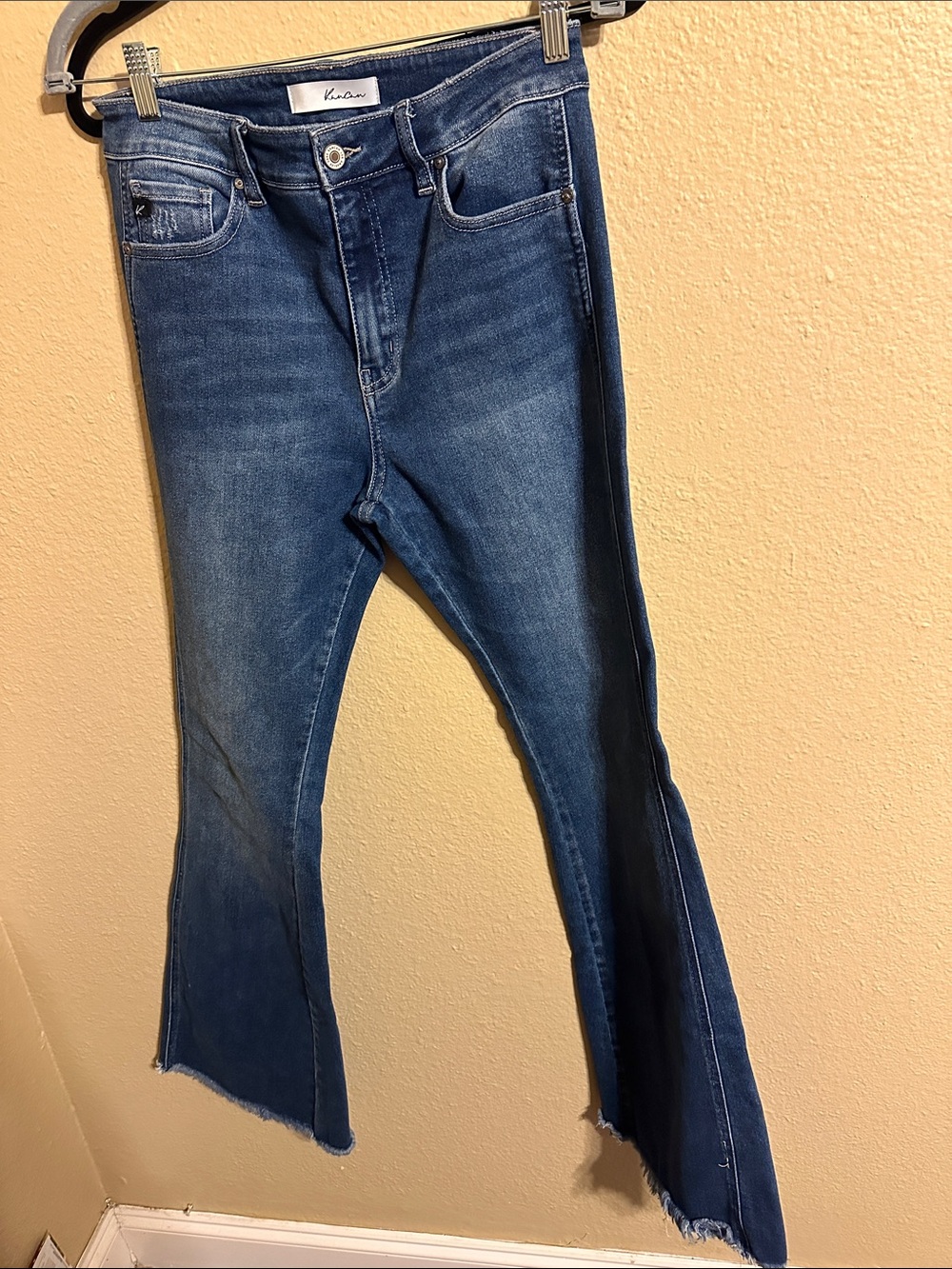 KanCan Dark Blue High-Rise Flare Jeans with Raw Hem